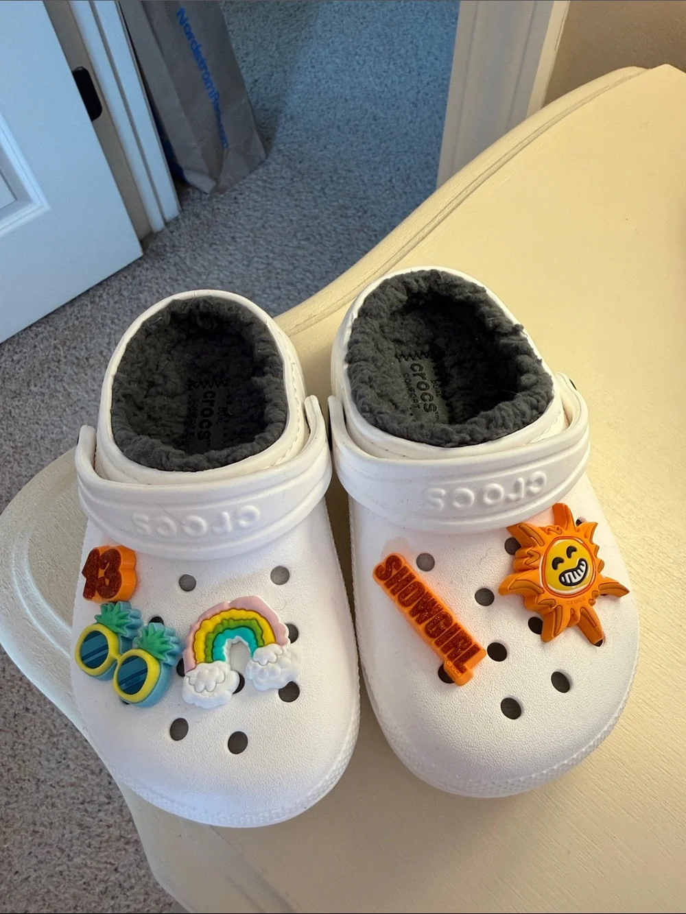 CROCS Kids White Clog with Gray Lining and Colorful Jibbitz